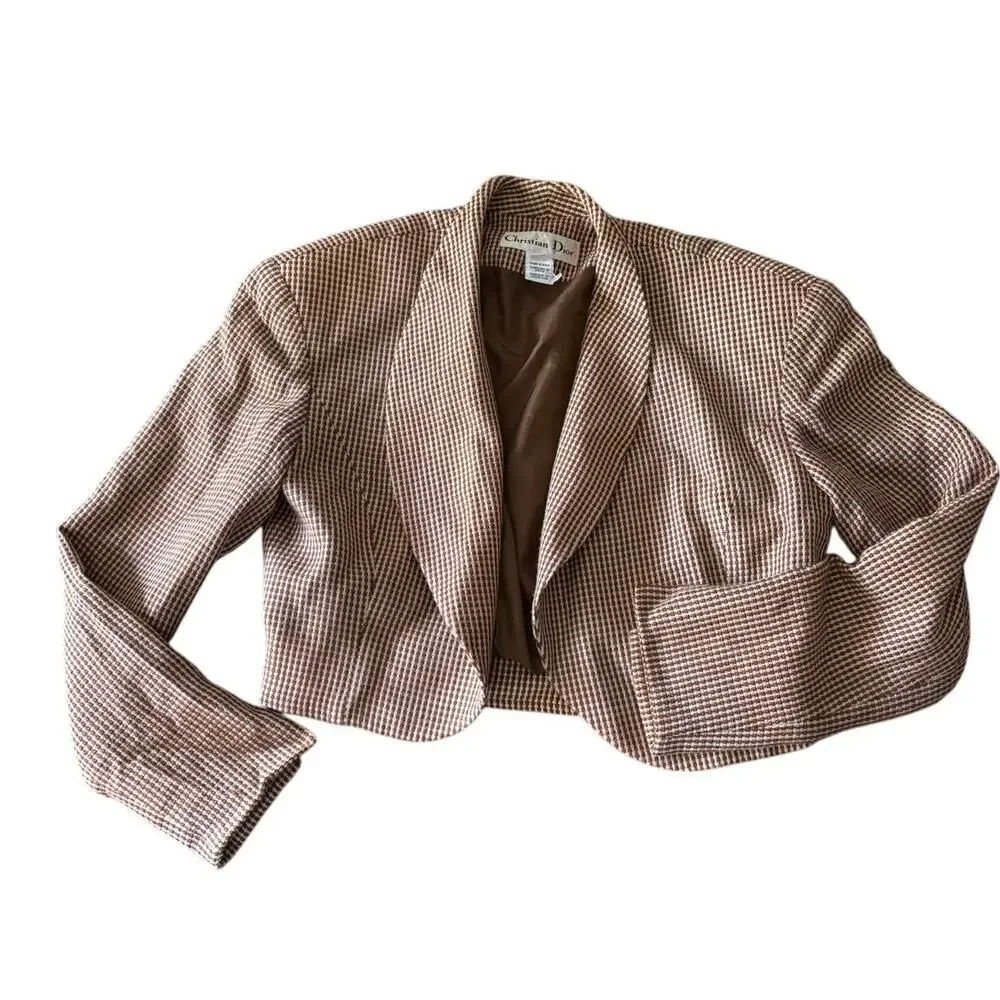Christian Dior Vintage Cropped Houndstooth Blazer Made USA Rayon Wool Sz 2
